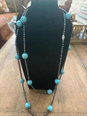 Long Turquoise Bead Necklace with Hematite Spacers